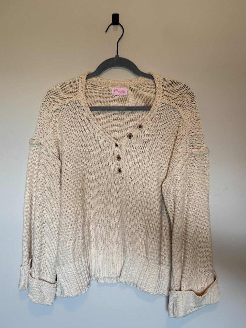 Pink Lily Cream Knit Sweater Size L Henley Button Cozy Lightweight Neutral